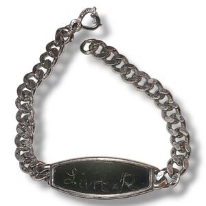 Vintage Speidel USA Silvertone Black Enamel‎ ID Bracelet Curb Chain 7"
